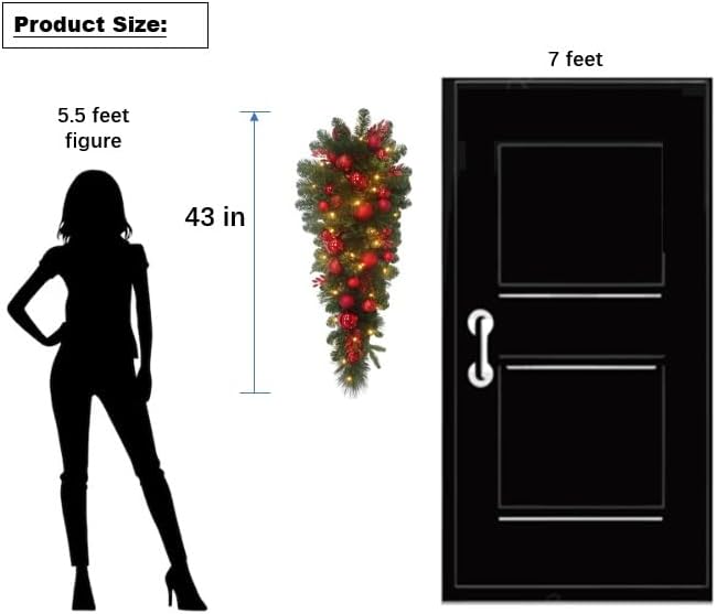 3.5 Feet Pre-lit Christmas Ornament Artificial Pine Teardrop w 23 Red Balls Real Grapevine Base (30 LED Lights, 8 Flash Options) for Xmas Decor at Shop Home Table Cabinet Door Wall Window (Battery)