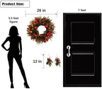 BIG 26" D Pre-lit Christmas Ornament Artificial Pine Wreath w 33 Red Balls Real Grapevine Base (35 LED Lights, 8 Flash Options) for Xmas Decor at Shop Home Front Door Living Room Wall Window (Battery)