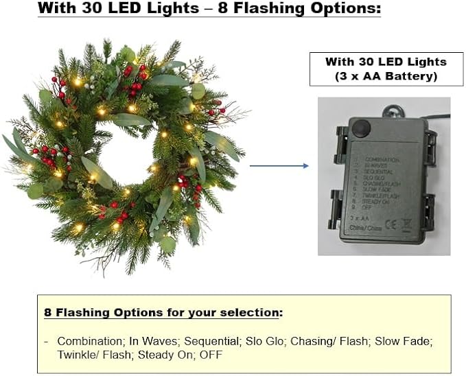 Big 26" D Pre-Lit Christmas Greenery Pine Wreath w Real Grapevine Base (35 Led Lights, 8 Flash Options) for Xmas Decoration: Shop Home Decor Front Door Living Room Wall Window (Battery)
