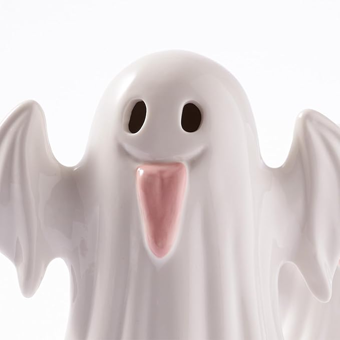 WDS WONDROUS Halloween Decor Ghost Figurines Light Up – White Set of 2 Ghost Figurines with Pink Tongue –Cute Halloween Ceramic Ghost Statues Decorations for Table Indoor(5.51x6.29”and 4.72x5.11”)