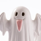 WDS WONDROUS Halloween Decor Ghost Figurines Light Up – White Set of 2 Ghost Figurines with Pink Tongue –Cute Halloween Ceramic Ghost Statues Decorations for Table Indoor(5.51x6.29”and 4.72x5.11”)
