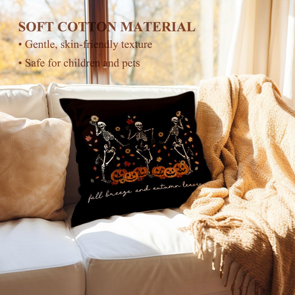 Ymzkpoa Cool Fall Gothic Throw Pillow Cover 18x18, Dancing Skeleton Pillow Cover Pumpkin Indoor Outdoor Decor, Cute Autumn Vintage Halloween Bedroom Decor