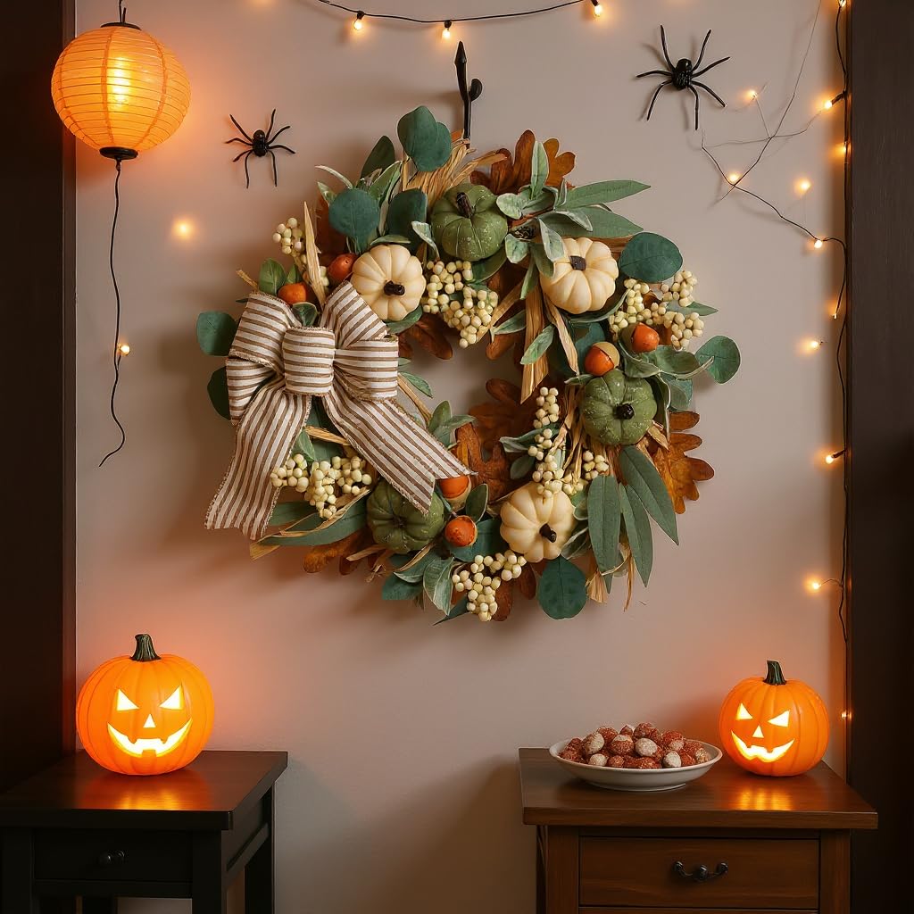 22in Fall Wreaths for Front Door, Large Autumn Door Wreath with Bow Pumpkin Autumn Wreath Decorations, Artificial Leaves Wreaths for Indoor Outdoor Home Porch Thanksgiving Farmhouse