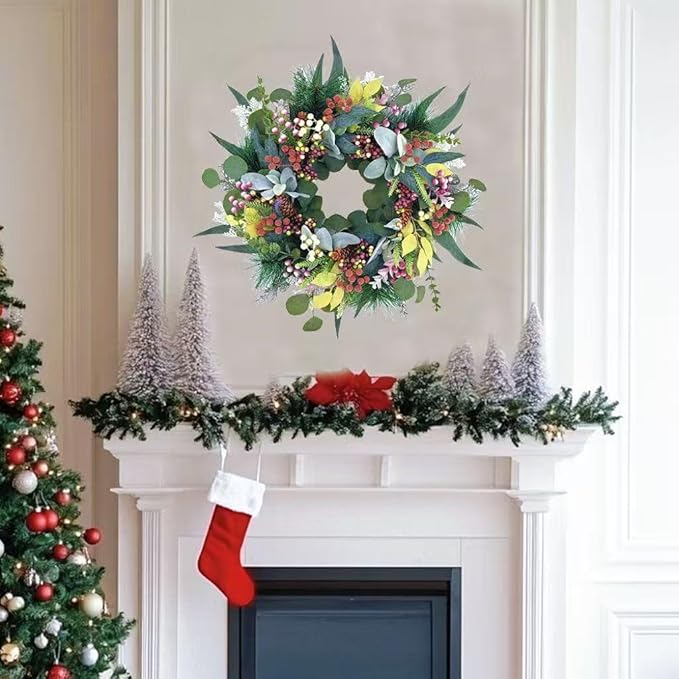 20 inch Green Christmas Wreath for Front Door,Window, Porch, Farmhouse, Indoor and Outdoor Home Decoration