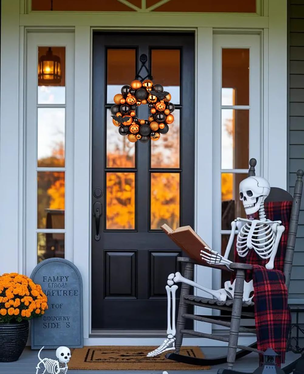 Halloween Wreath for Front Door, 13 inch Small Halloween Ball Wreath with Pumpkins Bats Shatterproof Front Door Wreaths Orange/Black Ball Ornament for Wall Mantel Porch Indoor Outdoor Decor
