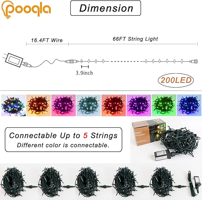Pooqla Green String Lights Christmas Decoration, 200 LED 66 ft Indoor Outdoor String Lights, 8 Modes Twinkle Fairy Light for Yard Patio Wedding Party Christmas Xmas Tree Decoration