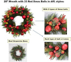 BIG 26" D Pre-lit Christmas Ornament Artificial Pine Wreath w 33 Red Balls Real Grapevine Base (35 LED Lights, 8 Flash Options) for Xmas Decor at Shop Home Front Door Living Room Wall Window (Battery)