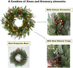 Big 26" D Pre-Lit Christmas Greenery Pine Wreath w Real Grapevine Base (35 Led Lights, 8 Flash Options) for Xmas Decoration: Shop Home Decor Front Door Living Room Wall Window (Battery)