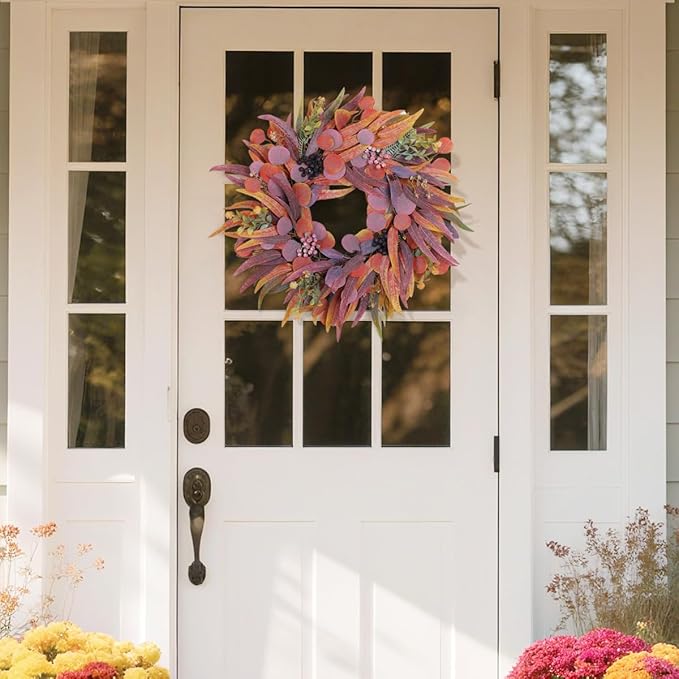 Fall Wreaths for Front Door 24 Inch, Outdoor Wreaths with Artificial Willow Leaves and Berries, Autumn Wreath for Front Door Indoor Wall Window Farmhouse Thanksgiving Halloween
