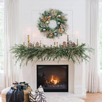 24 inch Christmas Door Wreath, Norfolk Pine Wreaths for Front Door with Silver Ball Glittered Leaf Spray Stems Pinecones Berries for Fireplace Xmas Decorations, Wall Window Indoor Outdoor Decor