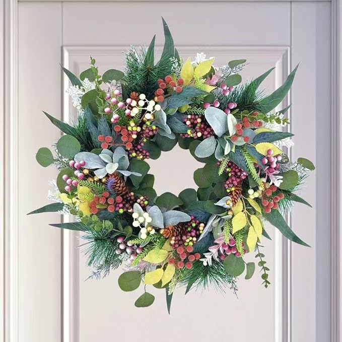 20 inch Green Christmas Wreath for Front Door,Window, Porch, Farmhouse, Indoor and Outdoor Home Decoration