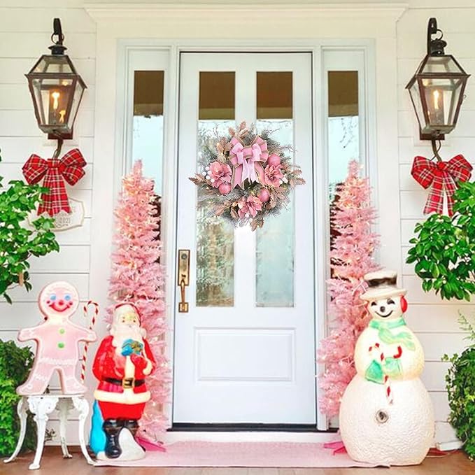 22inch Christmas Pink Wreath for Front Door with 30 LED Lights,Elegant Magnolia Christmas Door Wreath,Festive Holiday Decor, Frosted Winter Pink Decorations for Wedding