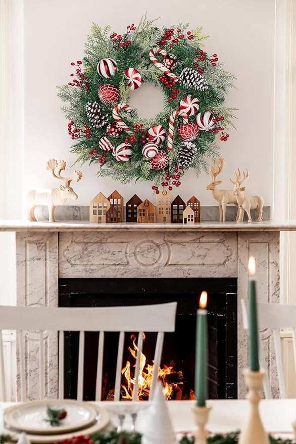 24 inch Christmas Door Wreath, Norfolk Pine Wreaths for Front Door with Candy Cane Red and White Ball Pinecones Berries for Fireplace Xmas Decorations, Wall Window Indoor Outdoor Decor