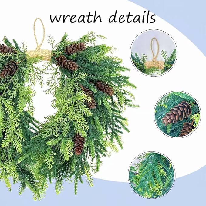 20 inch Christmas Wreath for Front Door- Indoor and Outdoor, Artificial Christmas Wreath Decorated with Pine Cones and Cypress Trees, Rural Farmhouse Holiday Wreath Decoration