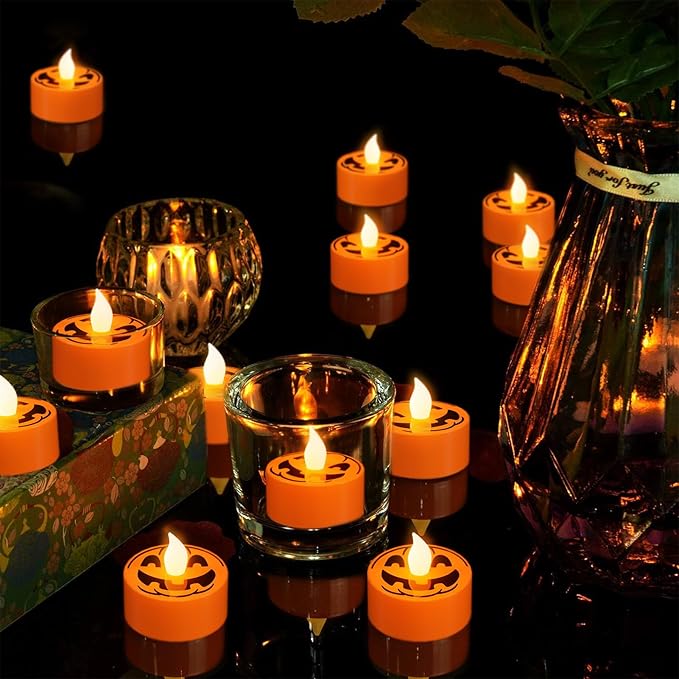 Halloween Tea Lights Candles with 6H Timer, Pumpkin Flameless Candles with Ghost Face Flickering, LED Candles Battery Operated 12 Pack Φ 1.5" H 1.4" for Fall Halloween Decorations