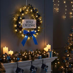 Lighted Christmas Artificial Cedar Wreath for Front Door with Hanger Christmas Wreaths Faux Norfolk with Velvet Bow LED Lights Jingle Bells Pinecone Berries Indoor Window Xmas Holiday Decor(Blue)
