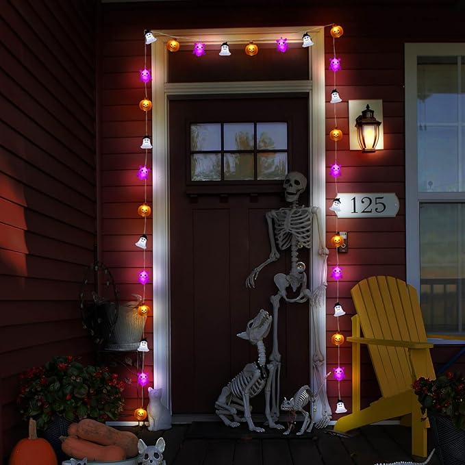 Halloween Lights Decorations, 16.4 FT 30 LED Pumpkin Bat Ghost Spooky Battery Operated Cute Orange and Purple String Lights Cozy Remote Timer 8 Lighting Modes Twinkle Indoor Outdoor Window Porch Decor