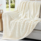decorUhome Christmas Soft Fleece Cream White Throw Blanket for Couch, Cozy Fluffy Plush Flannel Striped Blanket for Sofa Bed, Lightweight Decorative Ribbed Fuzzy Blanket for Woman, 50x60 Inches