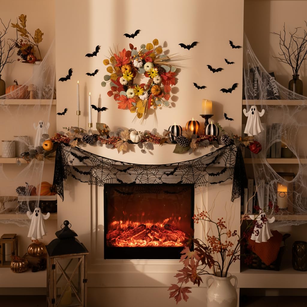 Valery Madelyn Fall Wreath with Lights for Front Door, 18" Halloween Door Wreath with White Pumpkins Silk Maple Leaves, Outdoor Fall Autumn Decorations for Home Porch Thanksgiving Harvest Table Decor