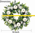 18 Inch Thanksgiving Fall Wreath for Front Door, Autumn Artificial Wreath with White Pumpkin, Cotton, Greenery Leaves for Farmhouse Home Window Wall Office Wedding Indoor Outdoor Decorations