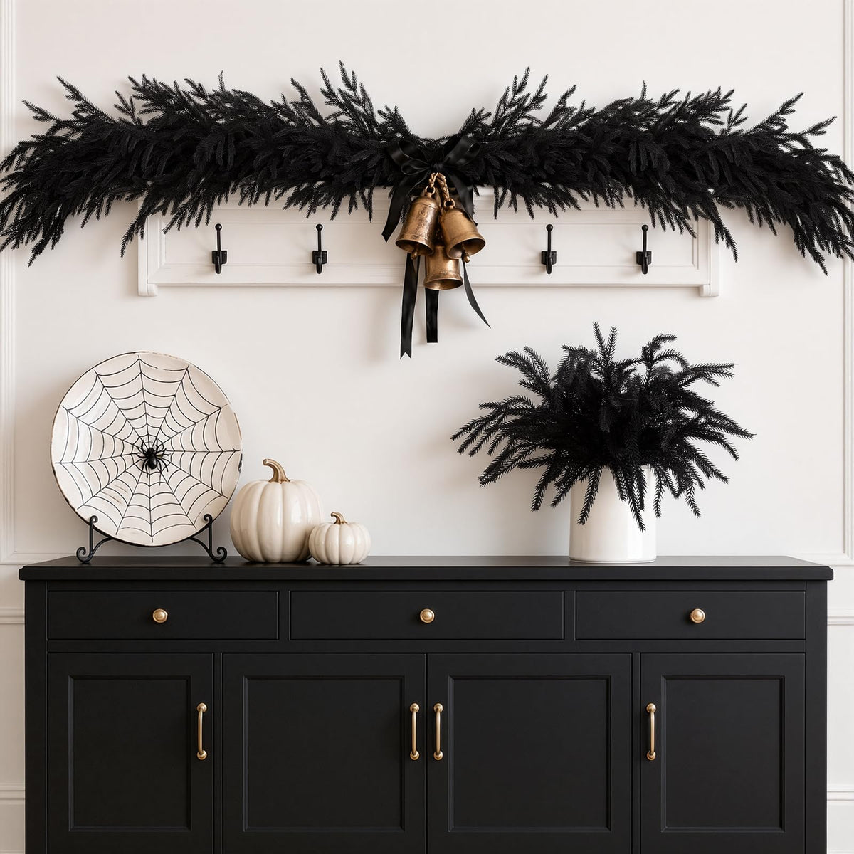 N&T NIETING 12Pcs Halloween Norfolk Pine Stems, 24'' Long Artificial Black Norfolk Pine Branches, Real Touch Picks, Faux Floral Branch for Mantel DIY Xmas Home Decoration Indoor Christmas Decor