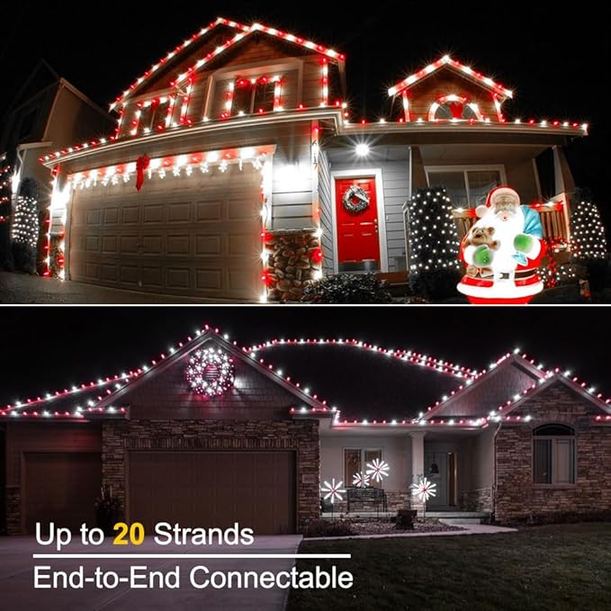 Brizled Red & White C5 Christmas Lights, 33ft 100 LED Christmas tree Lights, Connectable 120V UL Certified Faceted Christmas Lights Outdoor Indoor Xmas Lights for Christmas Tree Party Roof Decoration