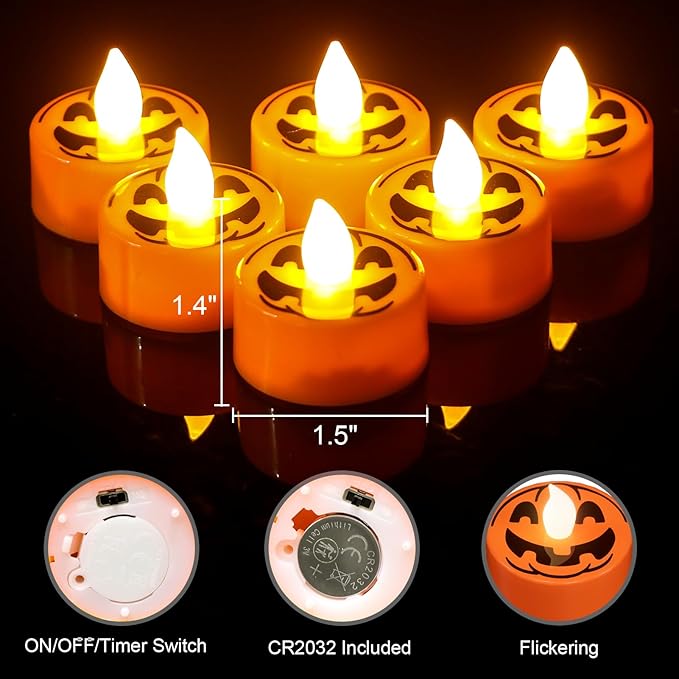 Halloween Tea Lights Candles with 6H Timer, Pumpkin Flameless Candles with Ghost Face Flickering, LED Candles Battery Operated 12 Pack Φ 1.5" H 1.4" for Fall Halloween Decorations
