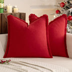 MIULEE Christmas Decorative Throw Pillow Covers Neutral Linen Fringe Throw Pillows Set of 2 Red Boho Farmhouse Cushion Covers with Tassels for Couch Sofa Bed Living Room Spring Home Decor 18x18 Inch