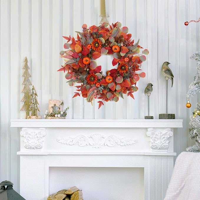Pumpkin Fall Wreaths, Sunflower Wreaths for Front Door Natural Fall Wreath 24 Inch Handmade Fall Door Wreath for Wall Farmhouse Thanksgiving Door Decorations Halloween Holiday Home Decor