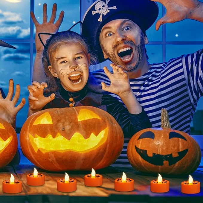 Halloween Tea Lights Candles with 6H Timer, Pumpkin Flameless Candles with Ghost Face Flickering, LED Candles Battery Operated 12 Pack Φ 1.5" H 1.4" for Fall Halloween Decorations