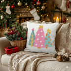 GEEORY Christmas Pillow Covers 18x18 Inch, Canvas Embroidered Xmas Tree Throw Pillows, Farmhouse Home Decoration Cushion Case for Sofa & Bed (Pink
