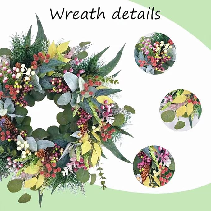 20 inch Green Christmas Wreath for Front Door,Window, Porch, Farmhouse, Indoor and Outdoor Home Decoration