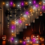 Halloween Lights Decorations, 16.4 FT 30 LED Pumpkin Bat Ghost Spooky Battery Operated Cute Orange and Purple String Lights Cozy Remote Timer 8 Lighting Modes Twinkle Indoor Outdoor Window Porch Decor