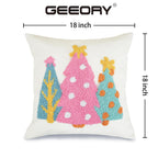 GEEORY Christmas Pillow Covers 18x18 Inch, Canvas Embroidered Xmas Tree Throw Pillows, Farmhouse Home Decoration Cushion Case for Sofa & Bed (Pink