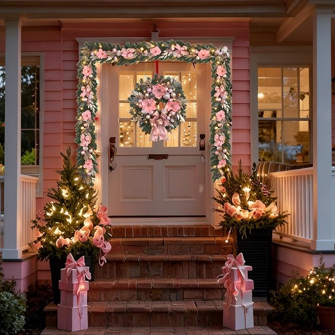 22inch Christmas Pink Wreath for Front Door with 25 LED Lights w/Timer,Elegant Magnolia Christmas Door Wreath,Lighted Festive Winter Decor,Pink Decorations for Wedding