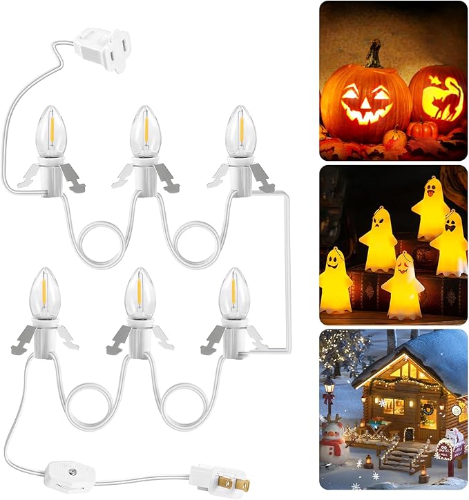 Christmas Village Lights, Decoration String Lights 12Ft with 6 C7 LED Bulbs, Warm White, with Socket and Switch, for Christmas Snow House,Pumpkin Crafts,Holiday Decoration W04VL05