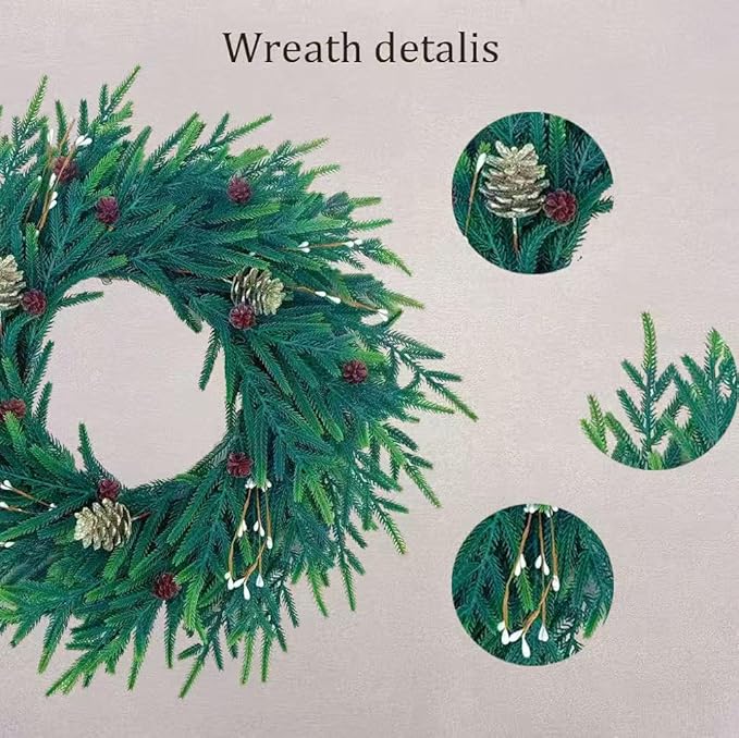 20 Inch Christmas Wreath for Front Door, Artificial Realistic Green Pine with Gold Pinecone, Door Wall Window Fireplace Party Decor