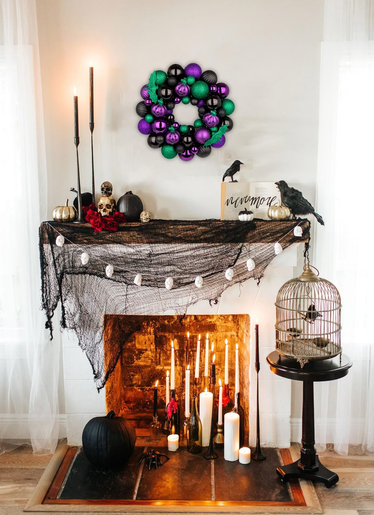 Halloween Wreath for Front Door, 13 inch Small Halloween Ball Wreath with Pumpkins Bats Shatterproof Front Door Wreaths Green/Purple/Black Ball Ornament for Wall Mantel Porch Indoor Outdoor Decor