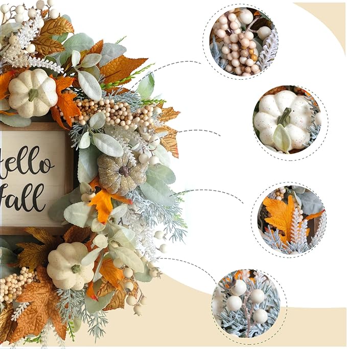 20inch Thanksgiving Fall Wreath, Eucalyptus Berries Pumpkins Lamb Ears Leaves Autumn Wreaths for Front Door, Fall Decor, Porch Wall, Home Outdoor Holiday Decorations Wreath for Autumn