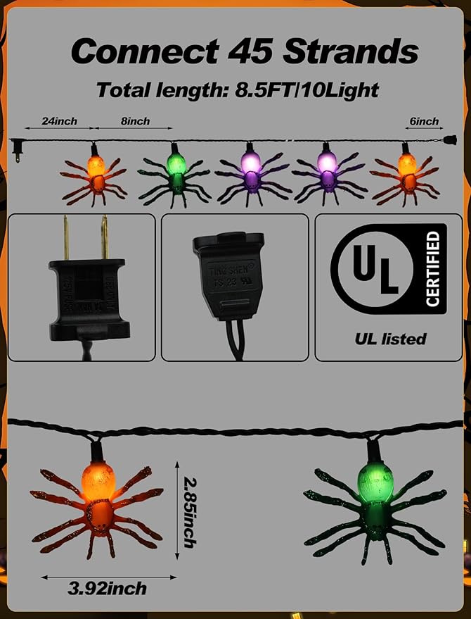 8.5Ft Halloween Spider String Lights Outdoor, Spider Hanging Light with 10 LED Spiders, Halloween Theme Fairy Lights for House Decoration Yard Patio Window Porch Indoor Party Decor