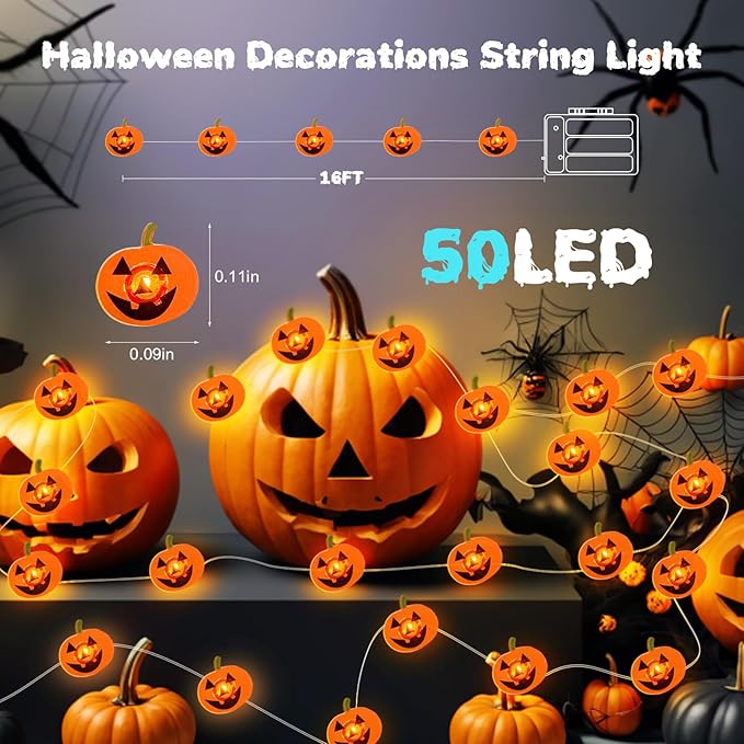 Halloween Pumpkin String Lights, 16 ft 50 LED Orange Battery Operated Lights for Lawns Garden Outdoor Holiday Party Decorations (1 Pack)