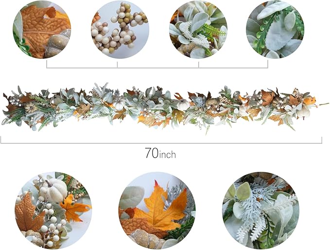 Thanksgiving Fall Wreath, Eucalyptus Berries Pumpkins Lamb Ears Leaves Autumn Wreaths for Front Door, Fall Decor, Porch Wall, Home Outdoor Holiday Decorations (Pumpkin Garland)