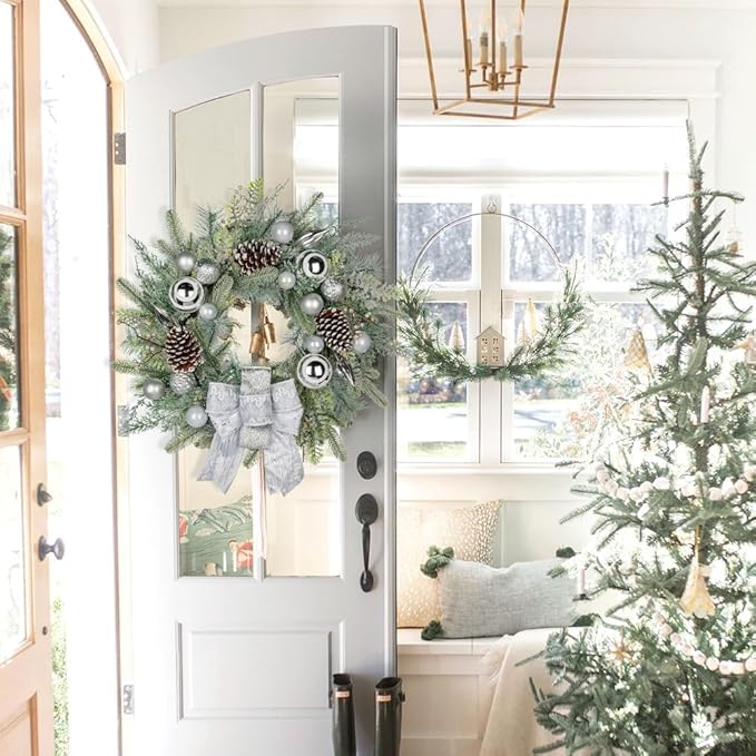 24 inch White Christmas Wreath,Winter Norfolk Pine Wreaths Bows for Front Door with Silver Colored Ball Pinecones Berries for Fireplace Xmas Decorations, Wall Window Indoor Outdoor Decor