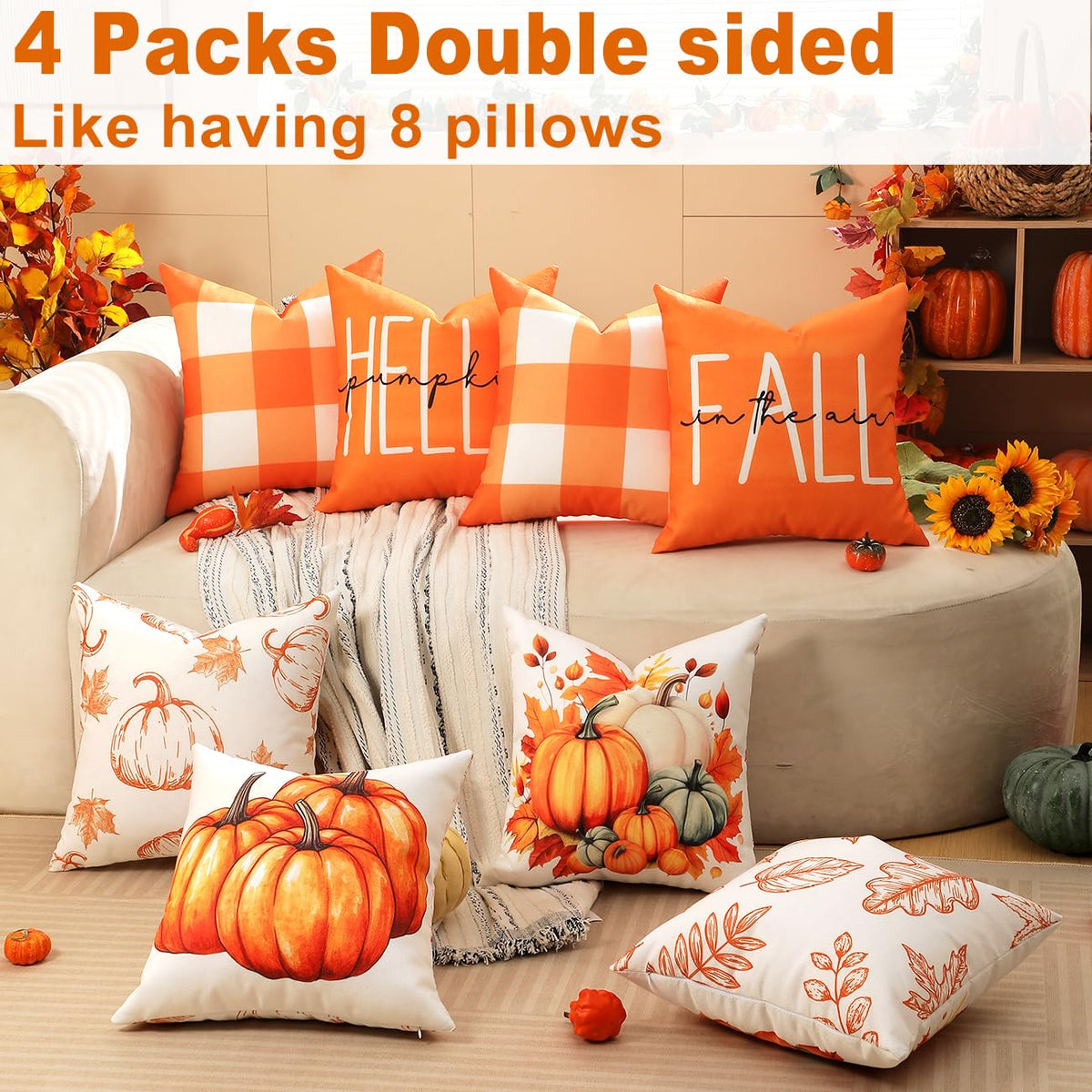 TOYPOPOR Fall Decorations for Home, 4 Packs Double Sided Throw Pillow Covers, Buffalo Plaid Thanksgiving Front Porch Farmhouse Cushion Cases Indoor Outdoor Autumn Decor for Couch, Living Room 18x18