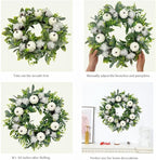 18 Inch Thanksgiving Fall Wreath for Front Door, Autumn Artificial Wreath with White Pumpkin, Cotton, Greenery Leaves for Farmhouse Home Window Wall Office Wedding Indoor Outdoor Decorations
