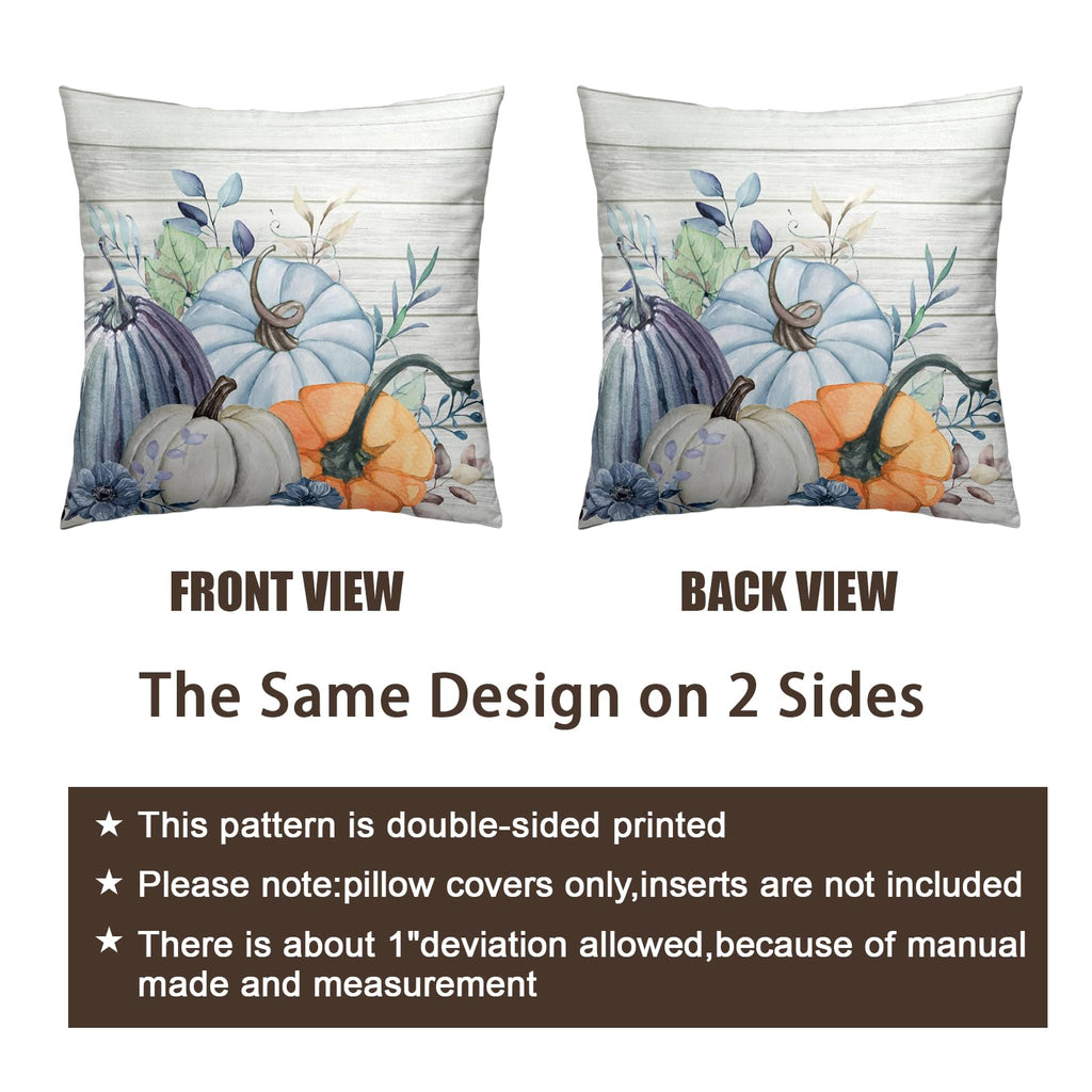 Wnoesat Fall Blue Teal Throw Pillow Covers 16x16 Pumpkin Leaves Print Pillow Cases Set of 2 Thanksgiving Decorations Autumn Harvest Holiday Cushion Cover for Farmhouse Living Room Decor