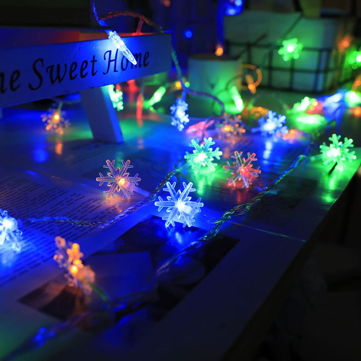 Dazzle Bright Snowflake String Lights, 100LED 50FT, Battery Operated, 8 Lighting Modes, Multicolor, Indoor Outdoor Christmas Decorations