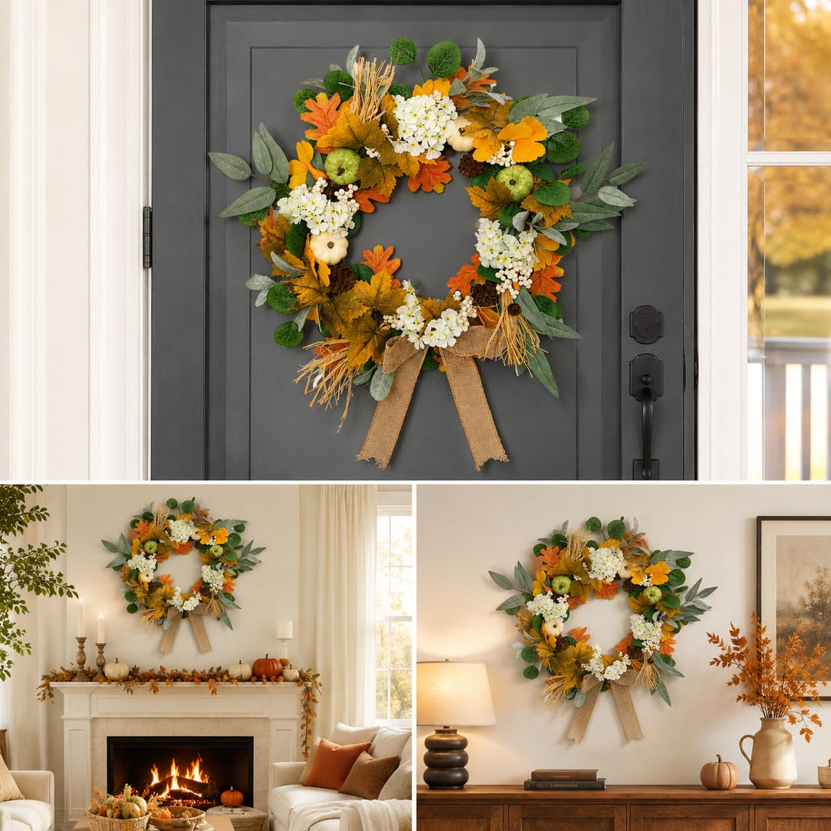 22 Inch Fall Wreath, Handmade Thanksgiving Wreath, Fall Wreaths for Front Doors, Pumpkin Fall Wreath Decorations, Wreath Fall Decor for Home Porch Outdoor Indoor