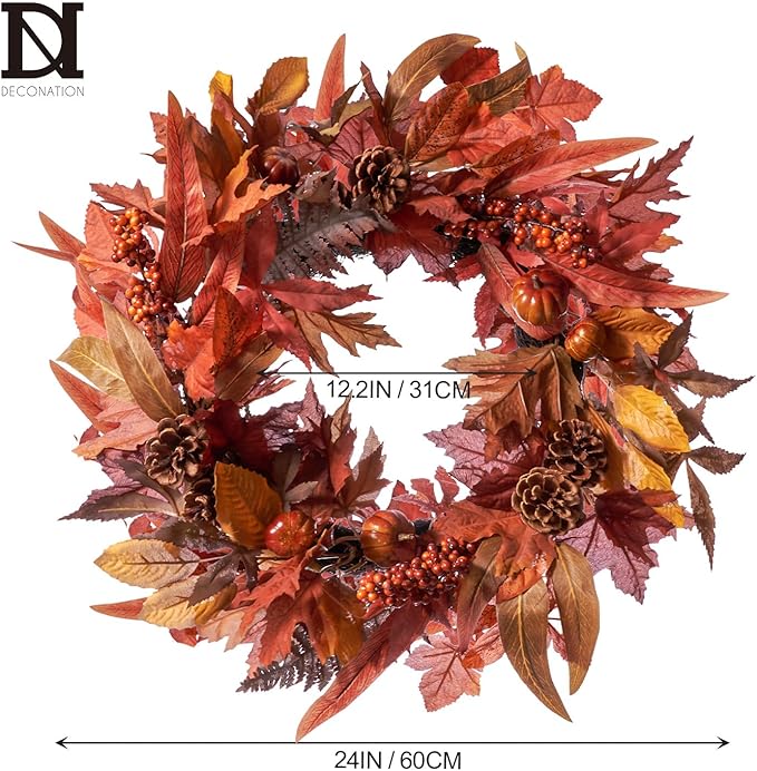DN DECONATION 24 Inch Fall Wreaths for Front Door, Autumn Farmhouse Wreaths with Orange Pumpkins, Leaves, Pinecones & Berries for Indoor Outdoor Porch Home Wall Thanksgiving Harvest Festival Decor