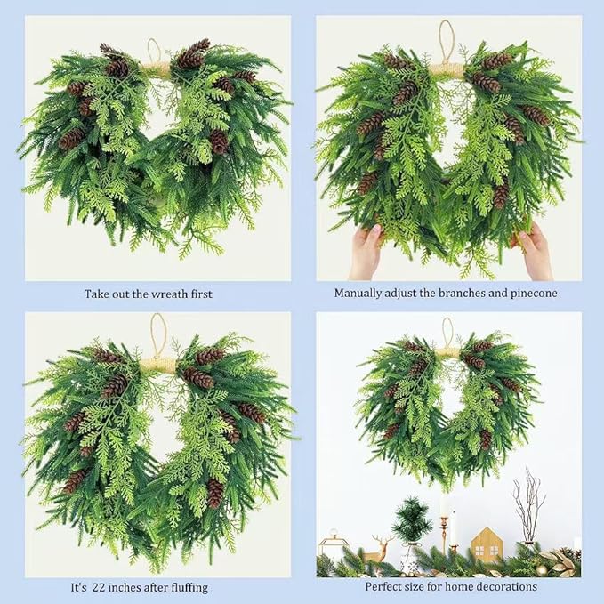 20 inch Christmas Wreath for Front Door- Indoor and Outdoor, Artificial Christmas Wreath Decorated with Pine Cones and Cypress Trees, Rural Farmhouse Holiday Wreath Decoration
